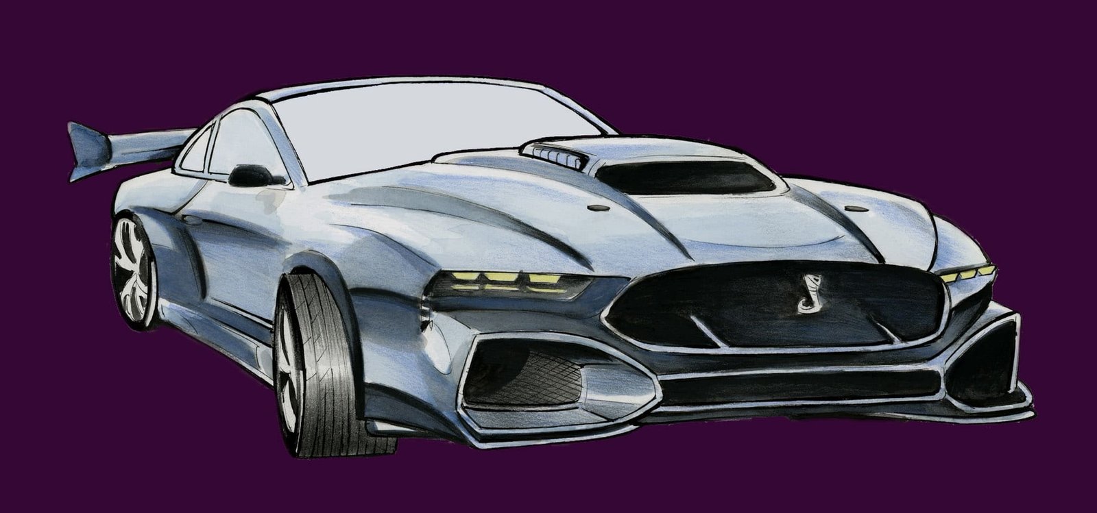 Caricatura en acuarela de un Ford Mustang Shelby GT500, dibujo original de Sébastien Rieu